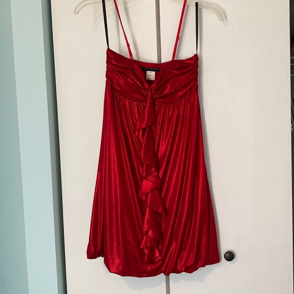 Red Mini Dress with Bubble Bottom/Spaghetti Straps